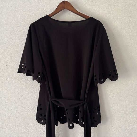 Black Laser Cut Tie Waist Peplum Blouse XXL Bohemian Feminine Romantic - Picture 10 of 13